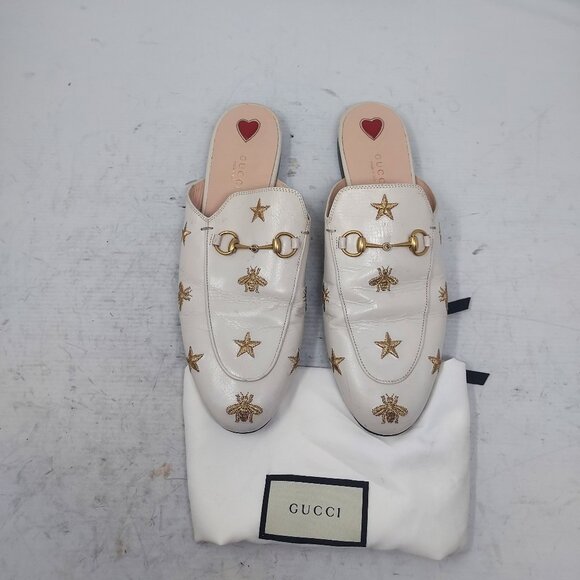 GUCCI Princetown Embroidered Bees Stars White Toe Horsebit Mule - Picture 1 of 13